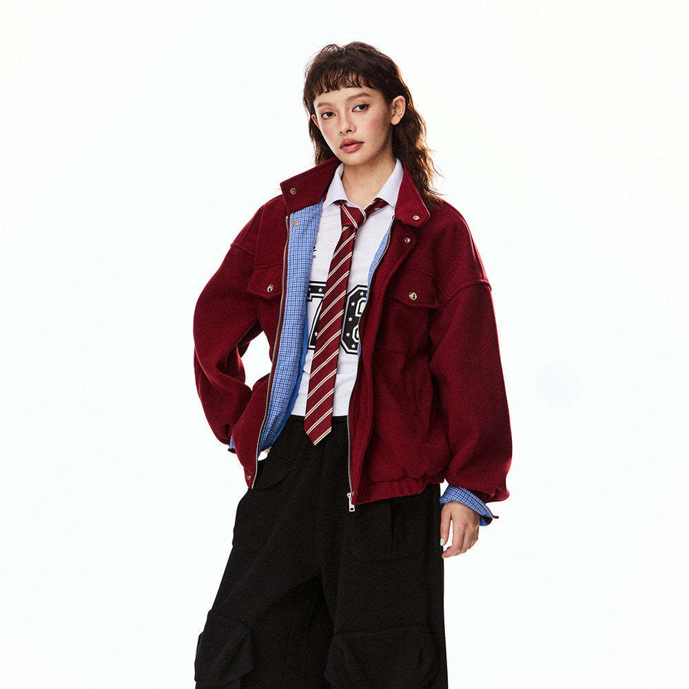 美式巴恩風紅色毛呢外套女開春新款高級感妮子工裝夾克上衣