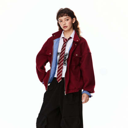 美式巴恩風紅色毛呢外套女開春新款高級感妮子工裝夾克上衣