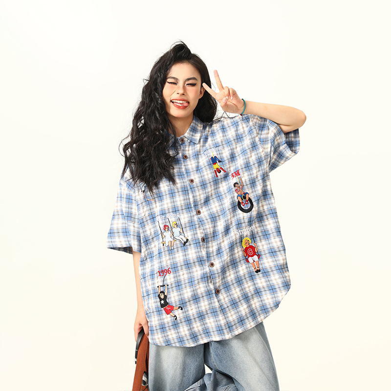 美式復古格子短袖襯衫女刺繡小眾設計感夏季百搭襯衣