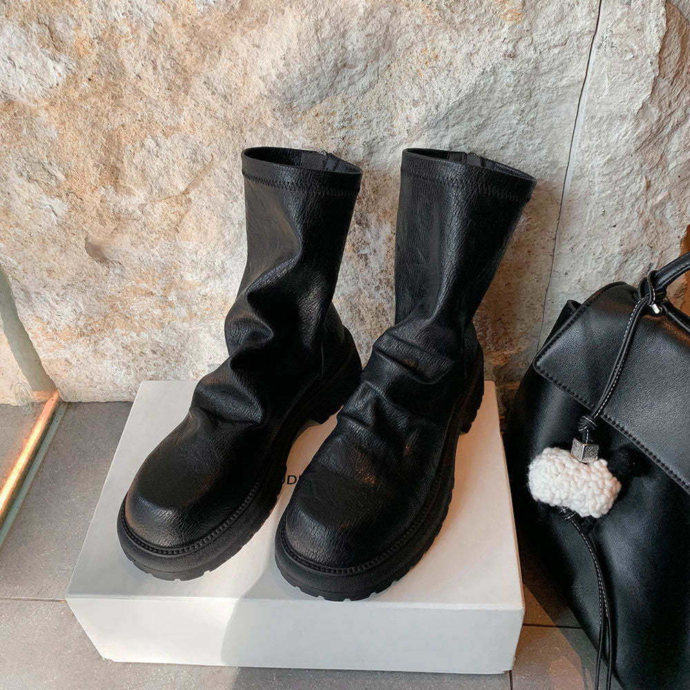 時髦粗跟厚底瘦瘦靴圓頭褶皺後拉鍊堆堆短靴女春秋