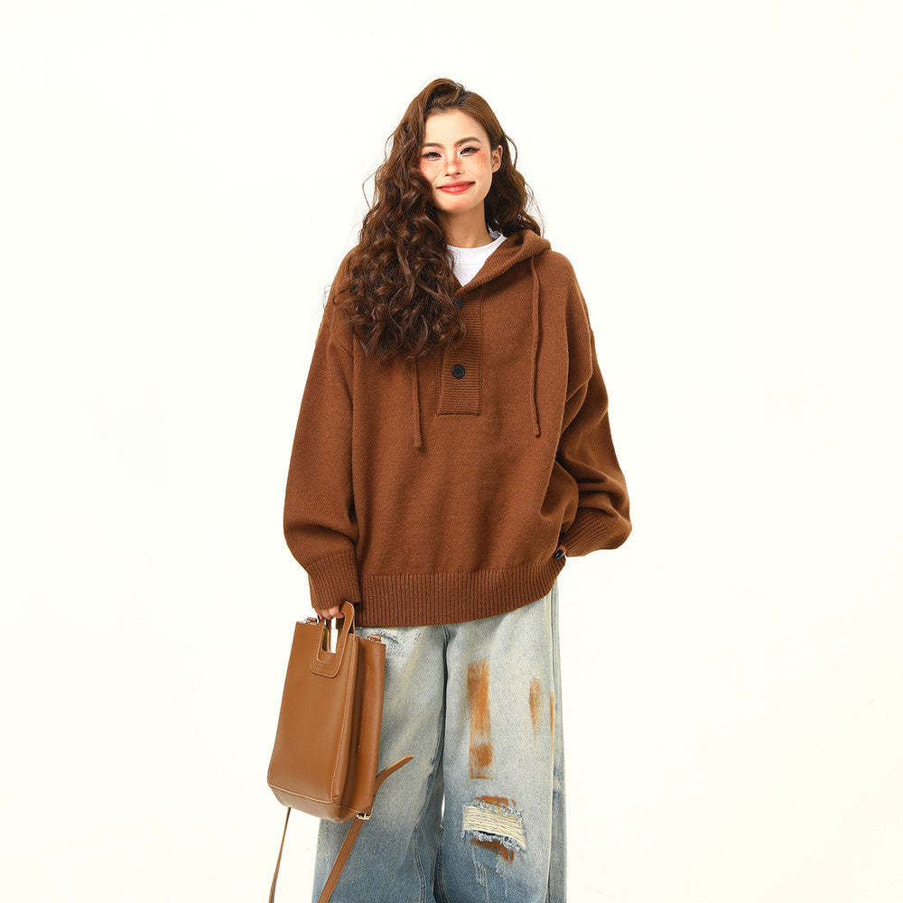 秋冬新品復古高級感灰色連帽毛衣女寬鬆慵懶風針織衫外套