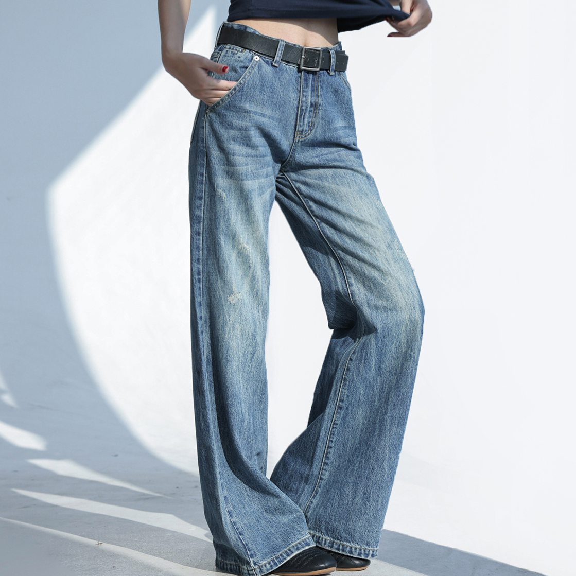 美式復古微喇牛仔褲女2025新款闊腿褲顯瘦褲子直筒褲