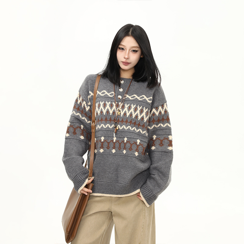 秋冬新款美式復古針織衫毛衣女寬鬆慵懶風套頭上衣