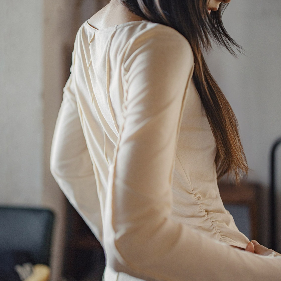 大領口薄款針織正肩長袖t恤魚骨收腰修身上衣打底罩衫女士夏