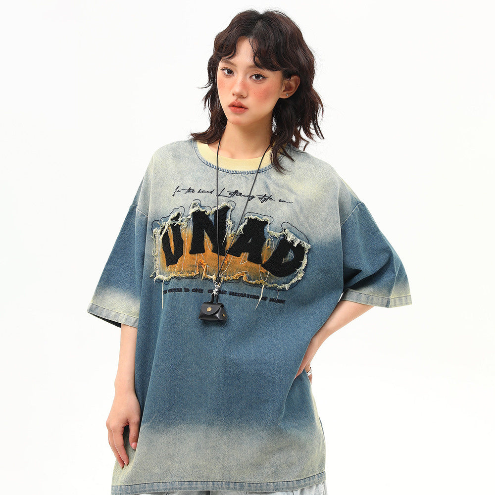 美式復古水洗設計感刺繡牛仔短袖女夏季高級感T恤