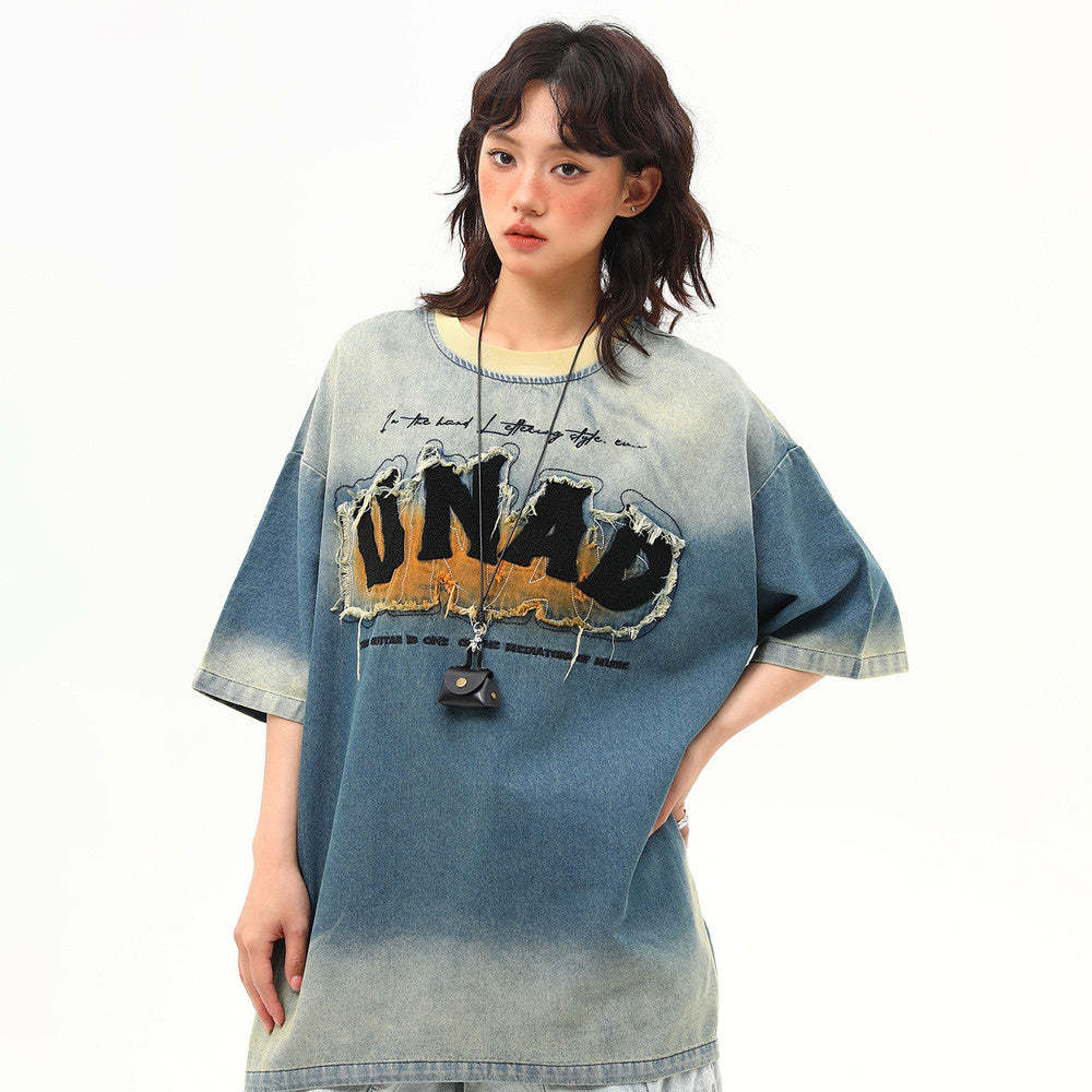 美式復古水洗設計感刺繡牛仔短袖女夏季高級感T恤