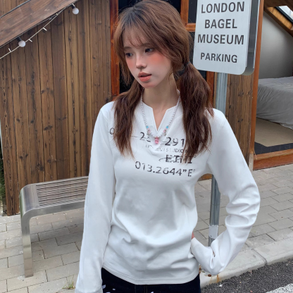 美式做舊字母印花v領長袖女秋季寬鬆設計感打底衫T恤上衣