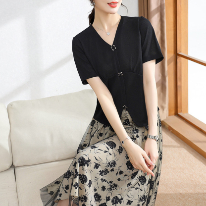 2026新款夏裝套裝連衣裙短袖上衣中老年女小衫時尚半身裙