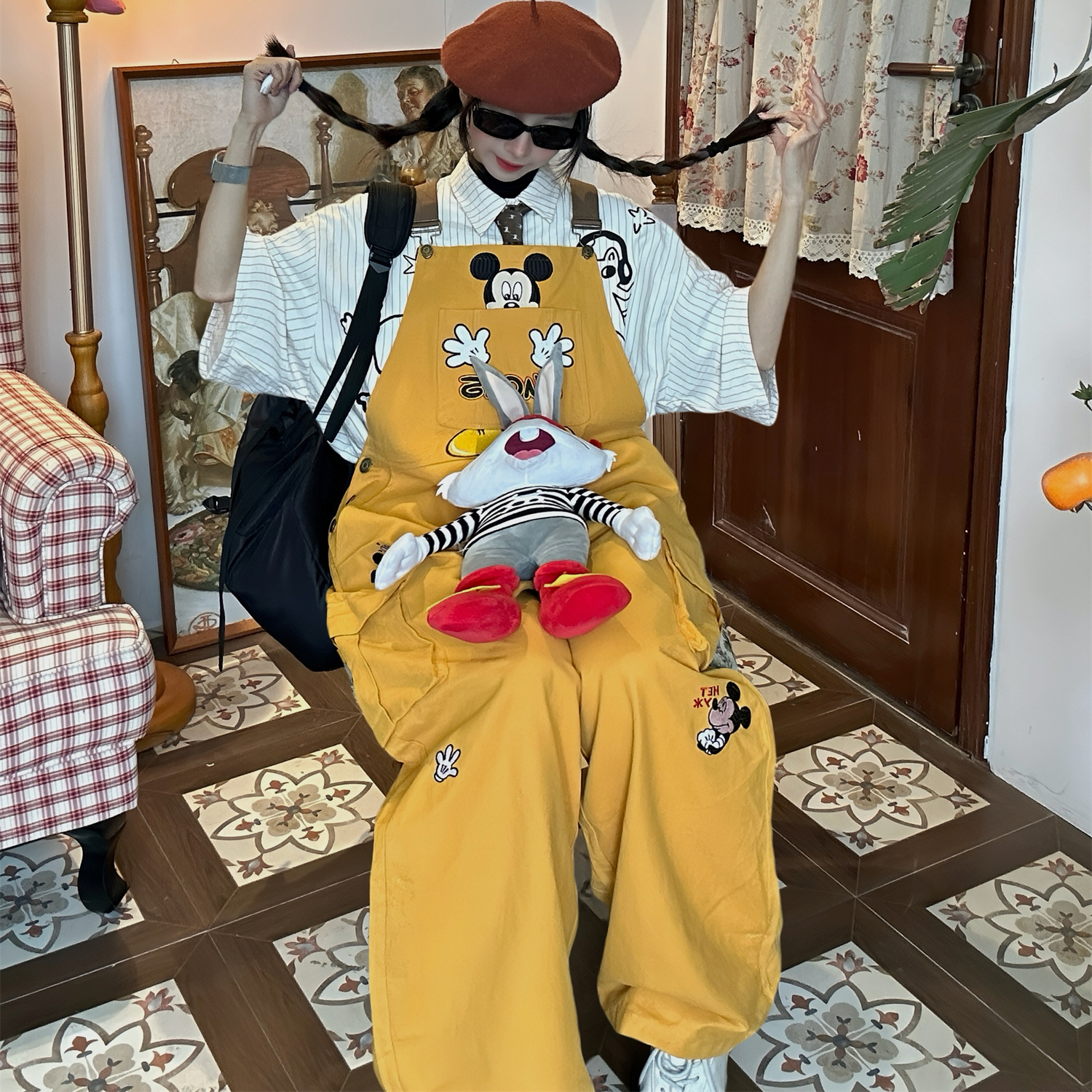 古著風米奇復古休閒背帶褲女寬鬆bf美式黃色闊腿連體長褲春秋