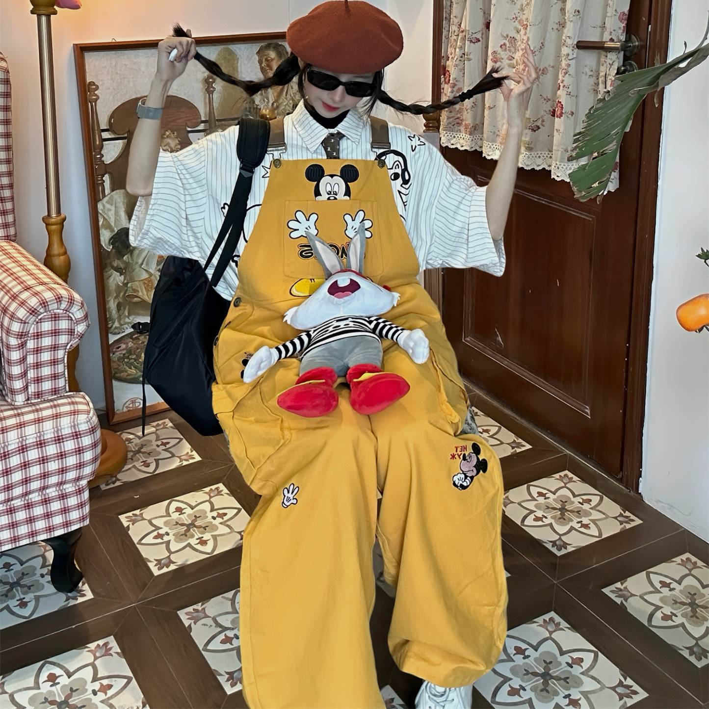 古著風米奇復古休閒背帶褲女寬鬆bf美式黃色闊腿連體長褲春秋