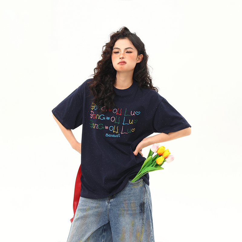 網點滿天星設計感寬鬆短袖T恤女彩虹字母百搭美式上衣