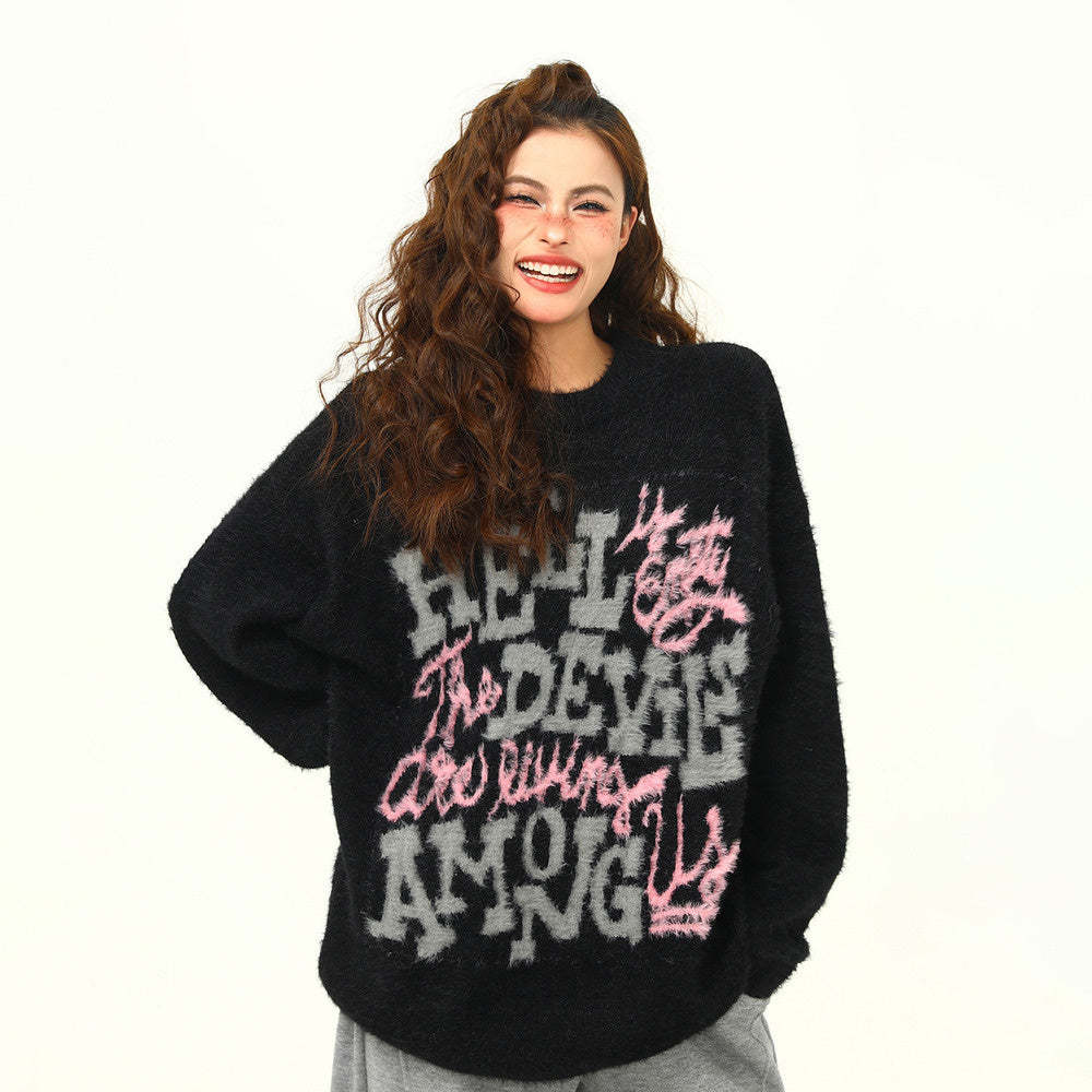 美式復古字母提花軟糯慵懶風毛衣女秋冬寬鬆百搭針織衫