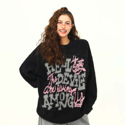 美式復古字母提花軟糯慵懶風毛衣女秋冬寬鬆百搭針織衫