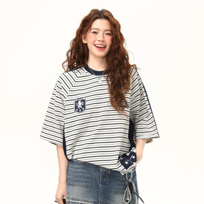 美式復古高級感條紋短袖T恤女夏季學院風寬鬆百搭上衣