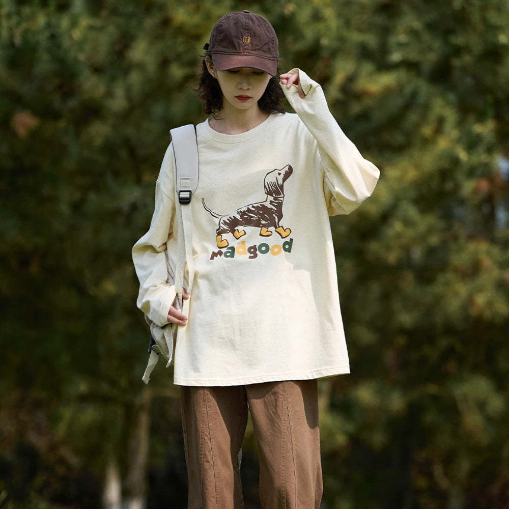 日系190克彩點棉寬鬆圓領塗鴉小狗印花長袖T恤