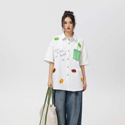 Hold Colour美式潮牌字母刺绣手掌贴布短袖衬衫男女ins潮流bf衬衣