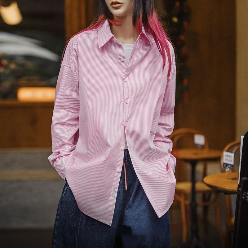 淺春系粉白條紋襯衫慵懶度假風外套微彈鏤空oversize上衣春女