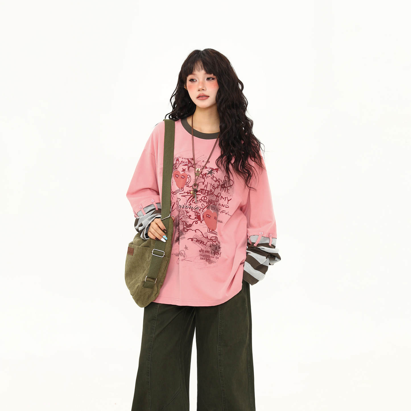 美式復古設計感拼接袖子假兩件長袖T恤女秋冬百搭打底衫