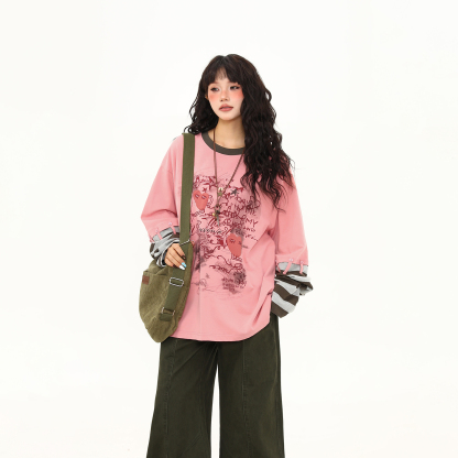 美式復古設計感拼接袖子假兩件長袖T恤女秋冬百搭打底衫