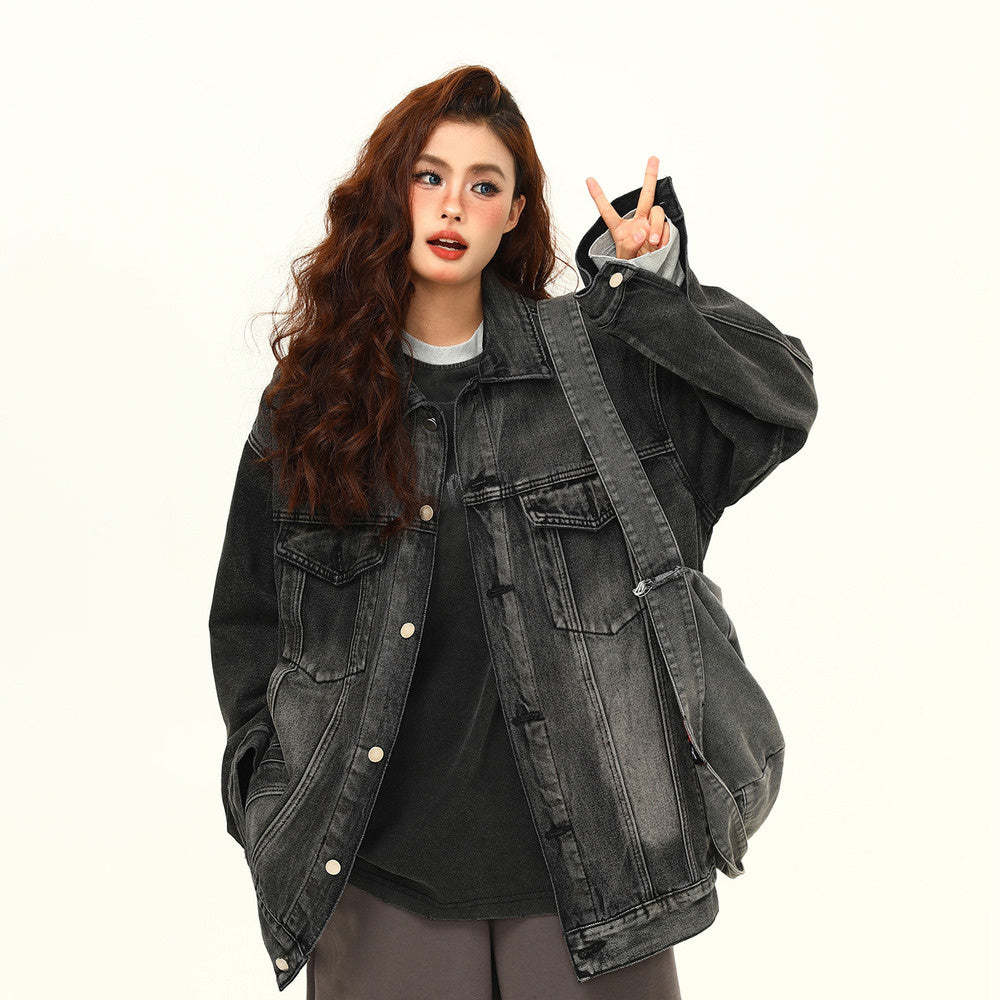 秋季美式街頭水洗復古藍牛仔外套女百搭寬鬆夾克