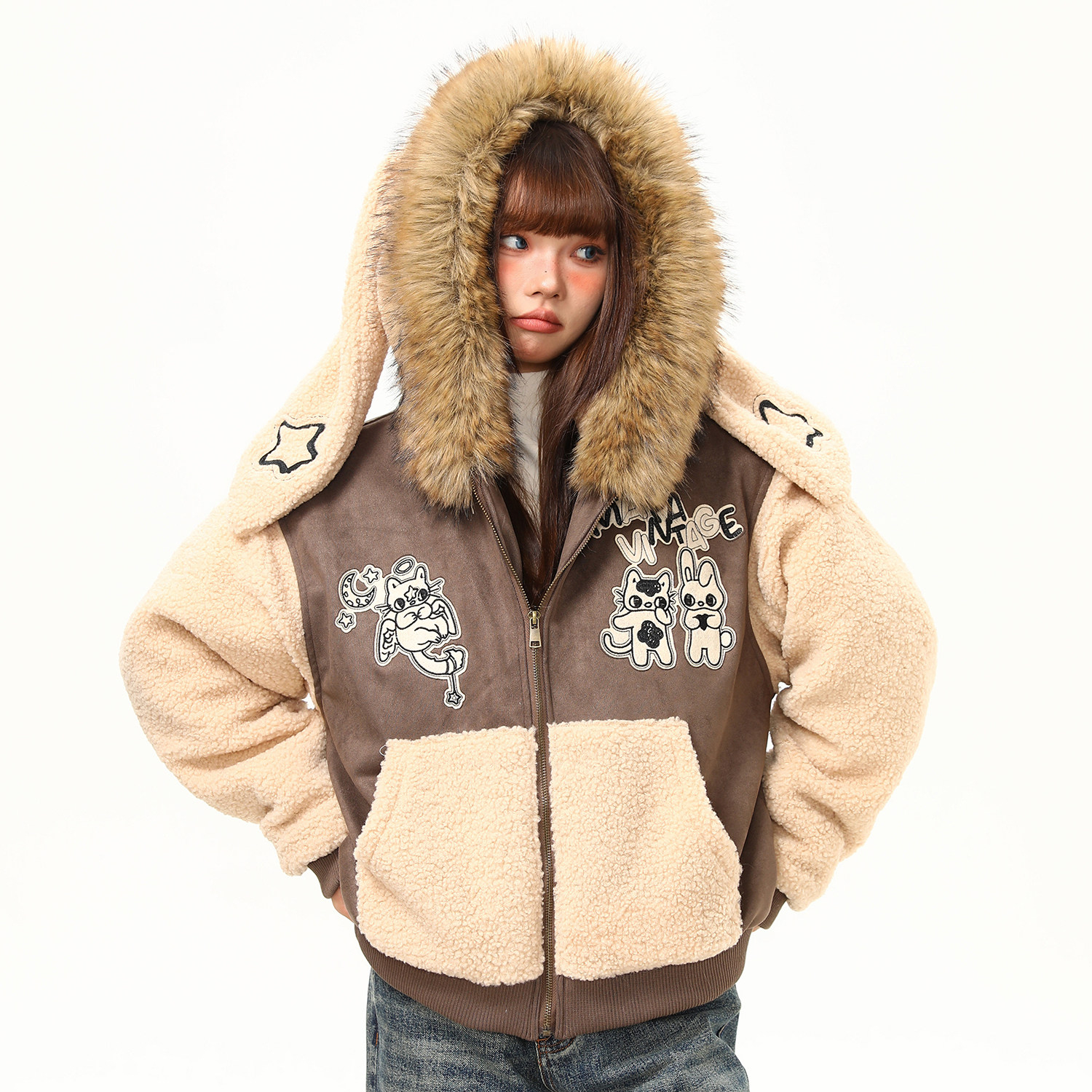 美式復古羊羔絨拼接毛領兔耳朵棉服外套女冬季加厚棉襖