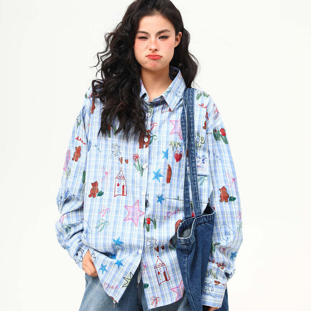 設計感手繪趣味印花復古寬鬆長袖襯衫女春季新款潮流襯衣