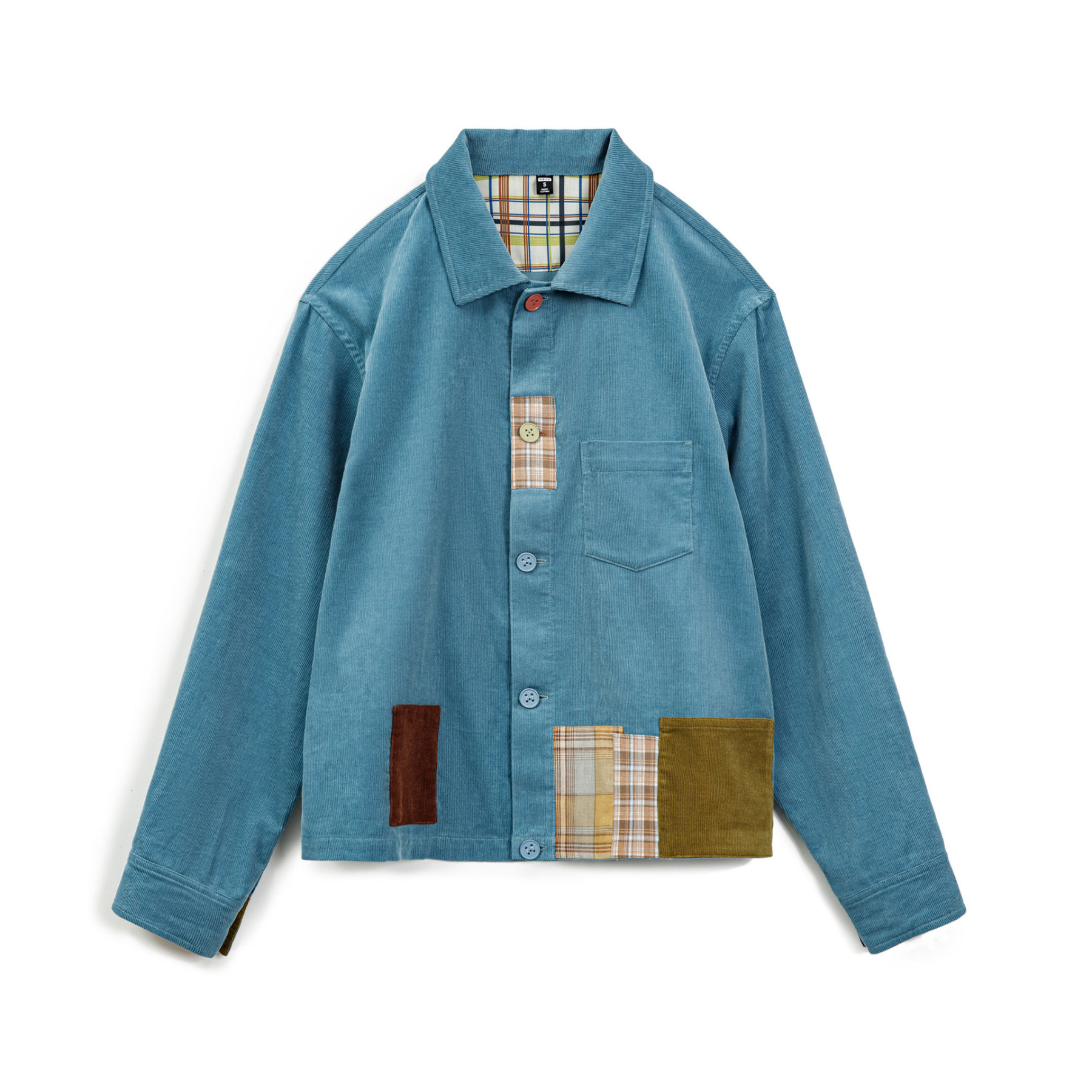 復古藍撞色拼接襯衫夾克全純棉燈芯絨翻領薄外套上襯衣女士春