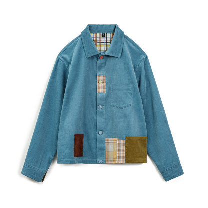 復古藍撞色拼接襯衫夾克全純棉燈芯絨翻領薄外套上襯衣女士春