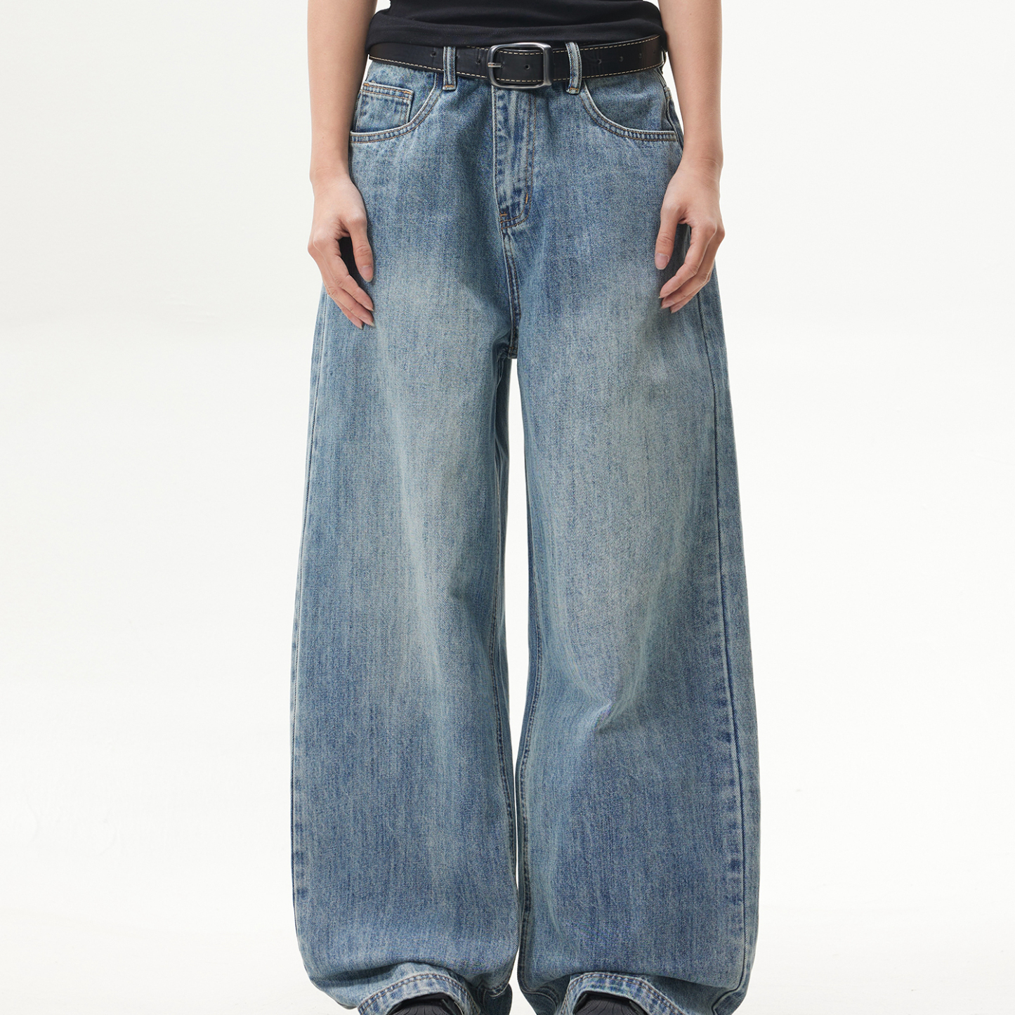 復古水洗cleanfit藍色直筒牛仔褲女美式潮牌闊腿長褲