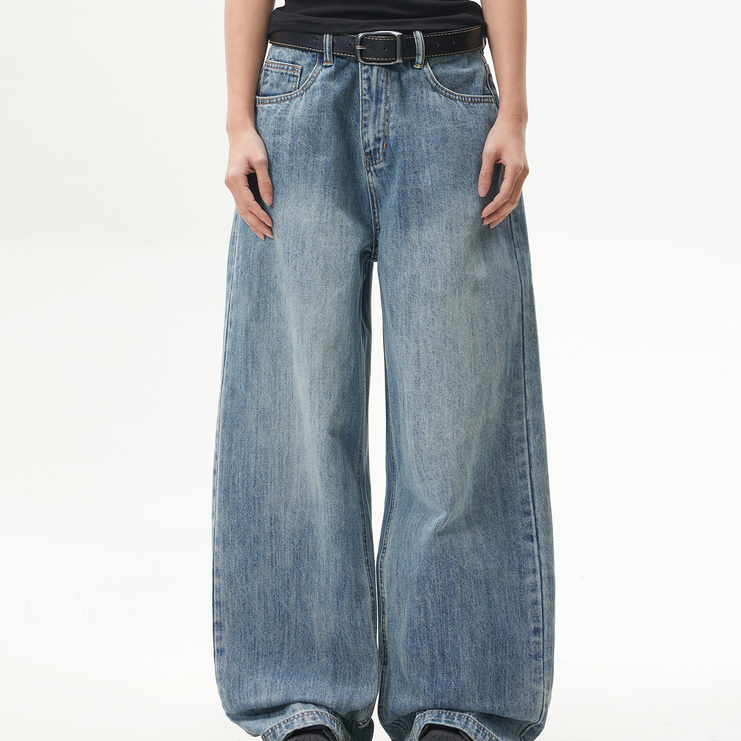 復古水洗cleanfit藍色直筒牛仔褲女美式潮牌闊腿長褲
