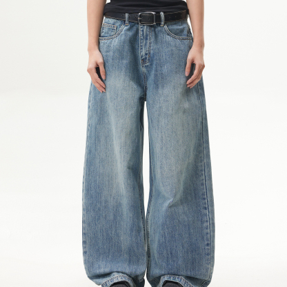 復古水洗cleanfit藍色直筒牛仔褲女美式潮牌闊腿長褲