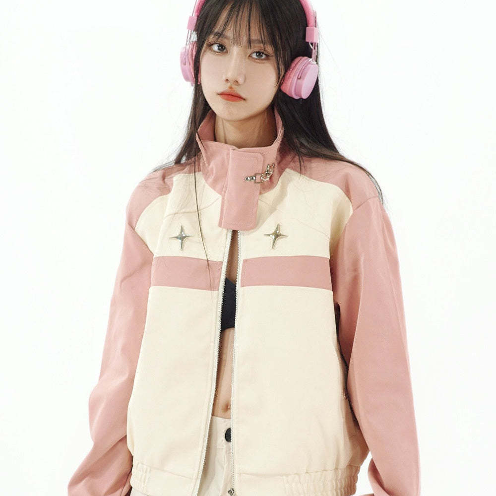 美式復古拼色短款皮衣女辣妹短外套秋季小眾原創設計感寬鬆