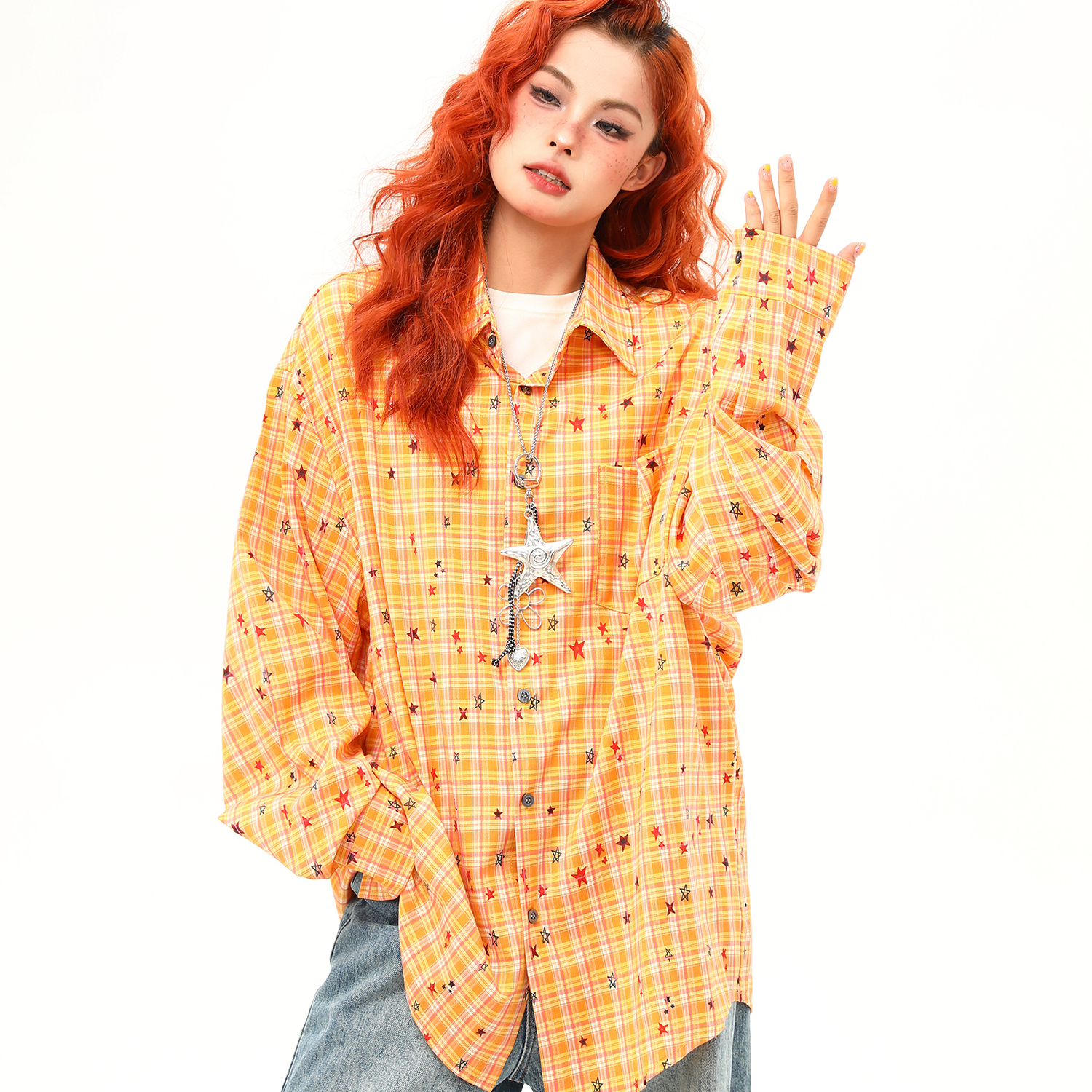 秋季新款滿印星星復古長袖襯衫女設計感黃色格紋襯衣