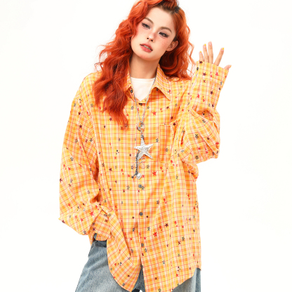 秋季新款滿印星星復古長袖襯衫女設計感黃色格紋襯衣