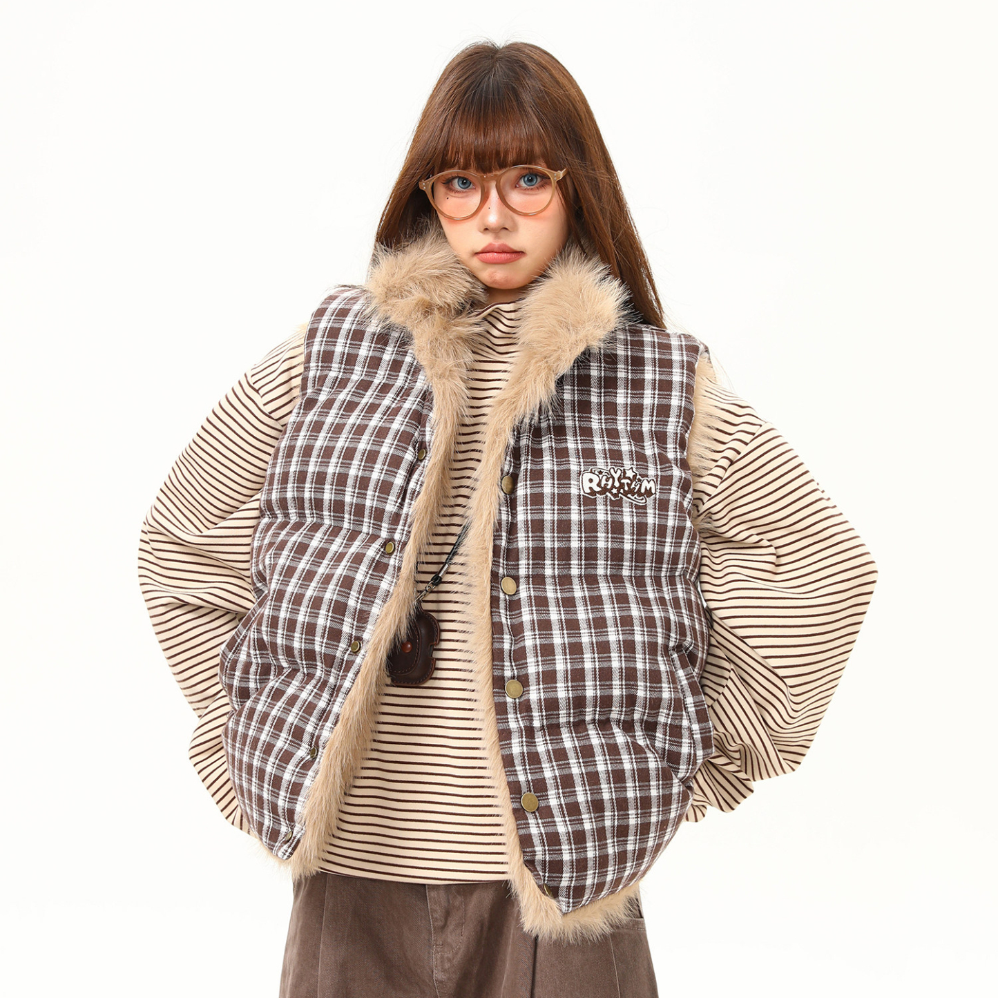 冬季新款毛絨雙面穿格子馬甲外套女高級感無袖棉服外套