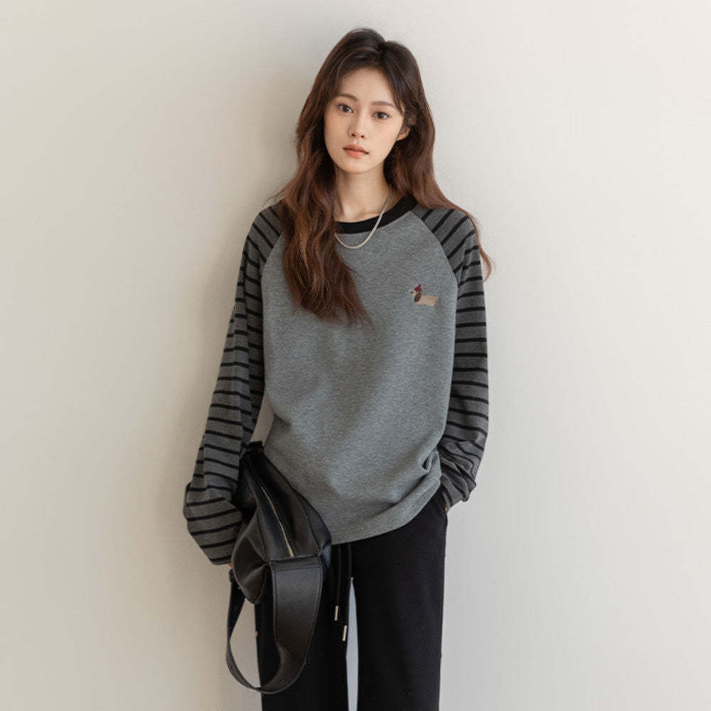 撞色條紋內搭長袖t恤女2025春季休閒打底衫上衣