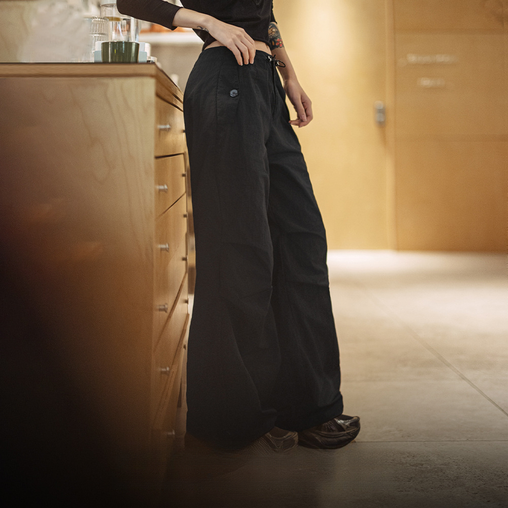 美式褶皺高街工裝vibe風傘兵褲闊腿抽繩束脚舞蹈長褲春夏女