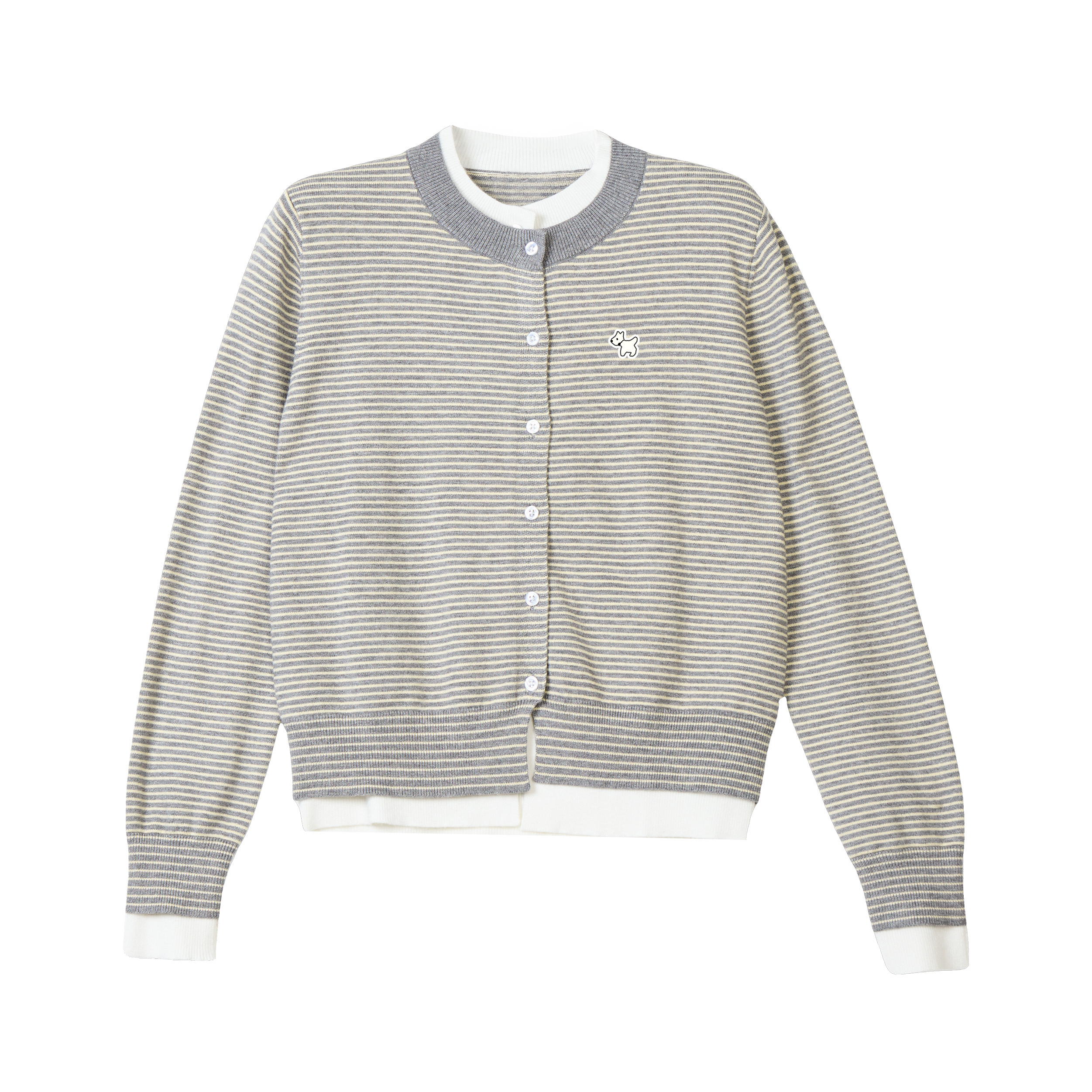 美式灰色條紋假兩件長袖針織開衫毛衣女秋冬短款內搭打底外套上衣