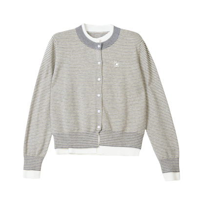 美式灰色條紋假兩件長袖針織開衫毛衣女秋冬短款內搭打底外套上衣