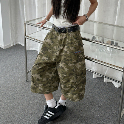 美式復古迷彩工裝褲女刺繡字母夏季潮流寬鬆闊腿七分褲