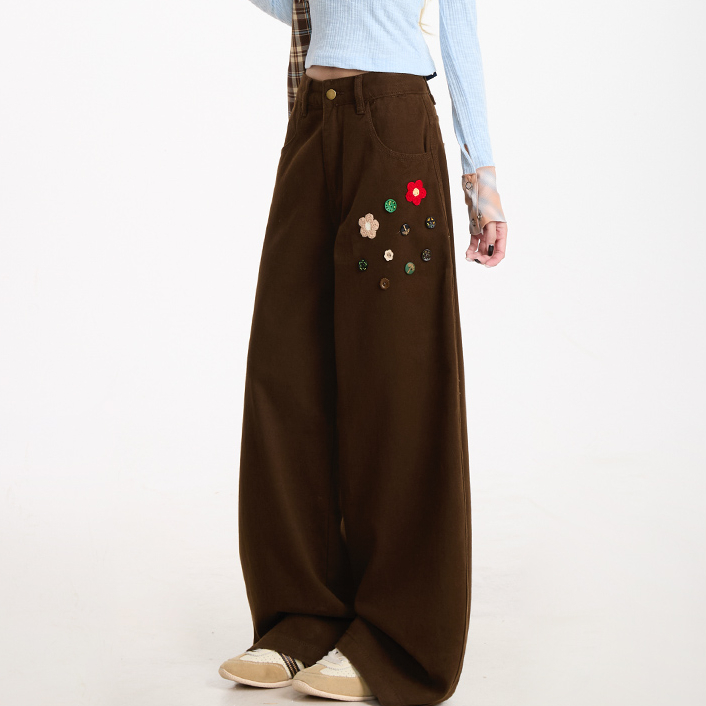 花朵紐扣直筒工裝褲女復古潮牌設計感闊腿垂感顯瘦休閒褲