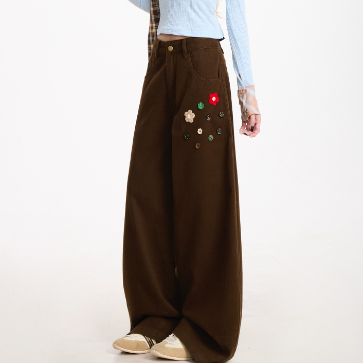 花朵紐扣直筒工裝褲女復古潮牌設計感闊腿垂感顯瘦休閒褲