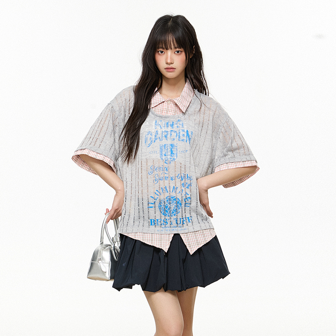 罩衫假兩件短袖t恤女2025夏季新款寬鬆襯衫領氣質套頭上衣女