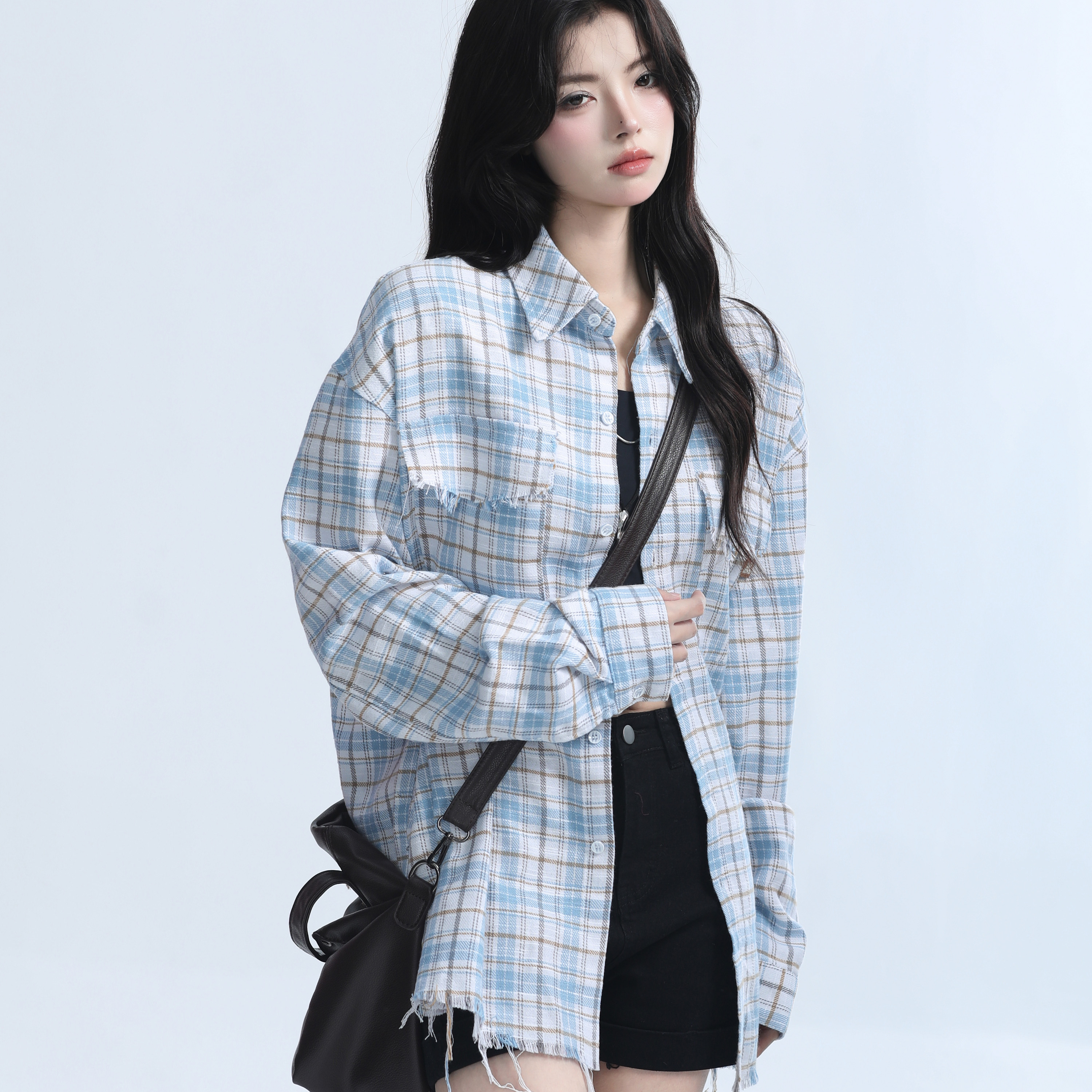 美式復古毛邊格子襯衫女設計感小眾寬鬆休閒襯衣女秋