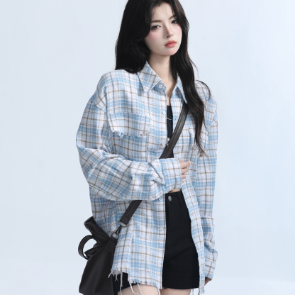 美式復古毛邊格子襯衫女設計感小眾寬鬆休閒襯衣女秋