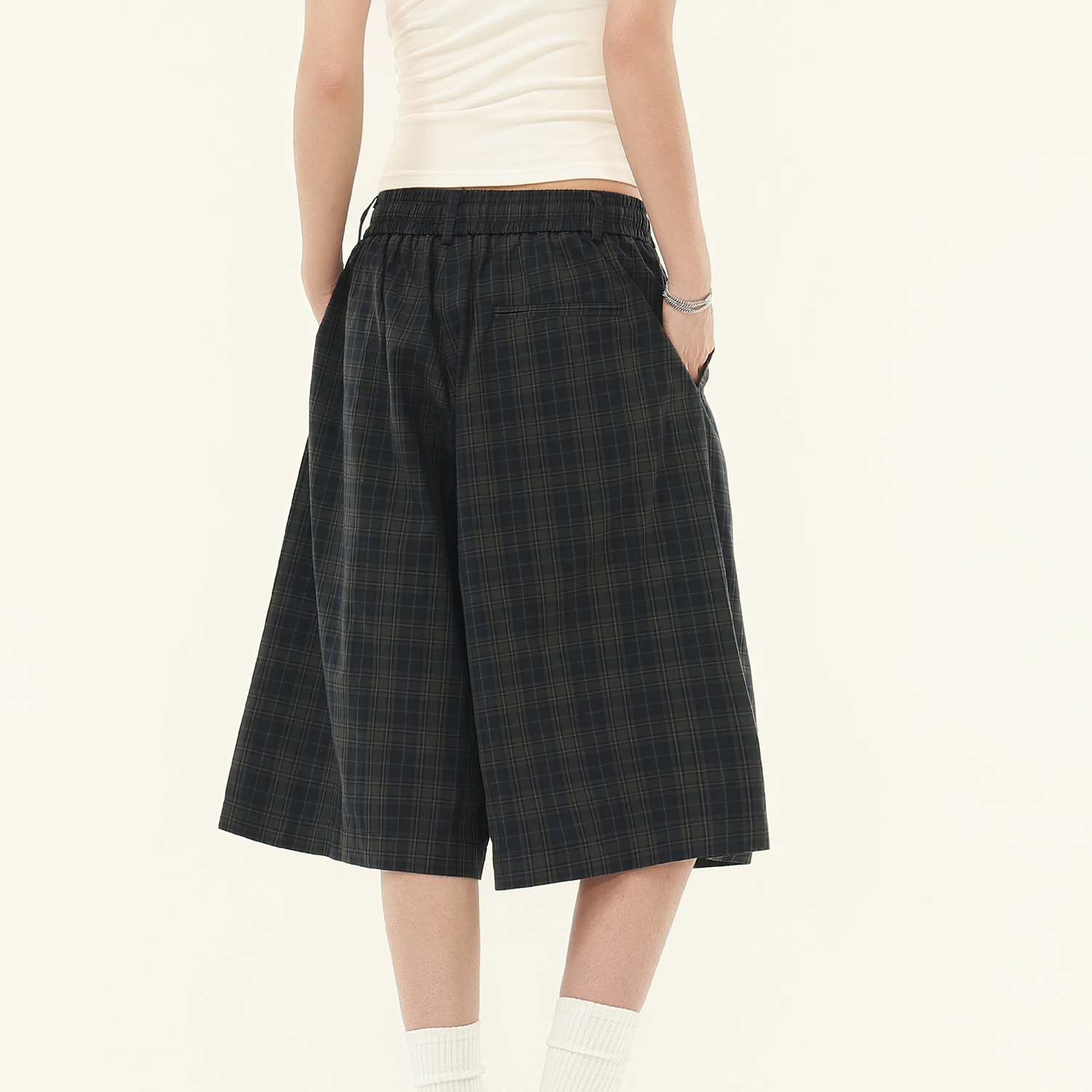 美式復古慵懶綠格紋鬆緊七分褲夏季寬鬆百搭格子褲女短褲