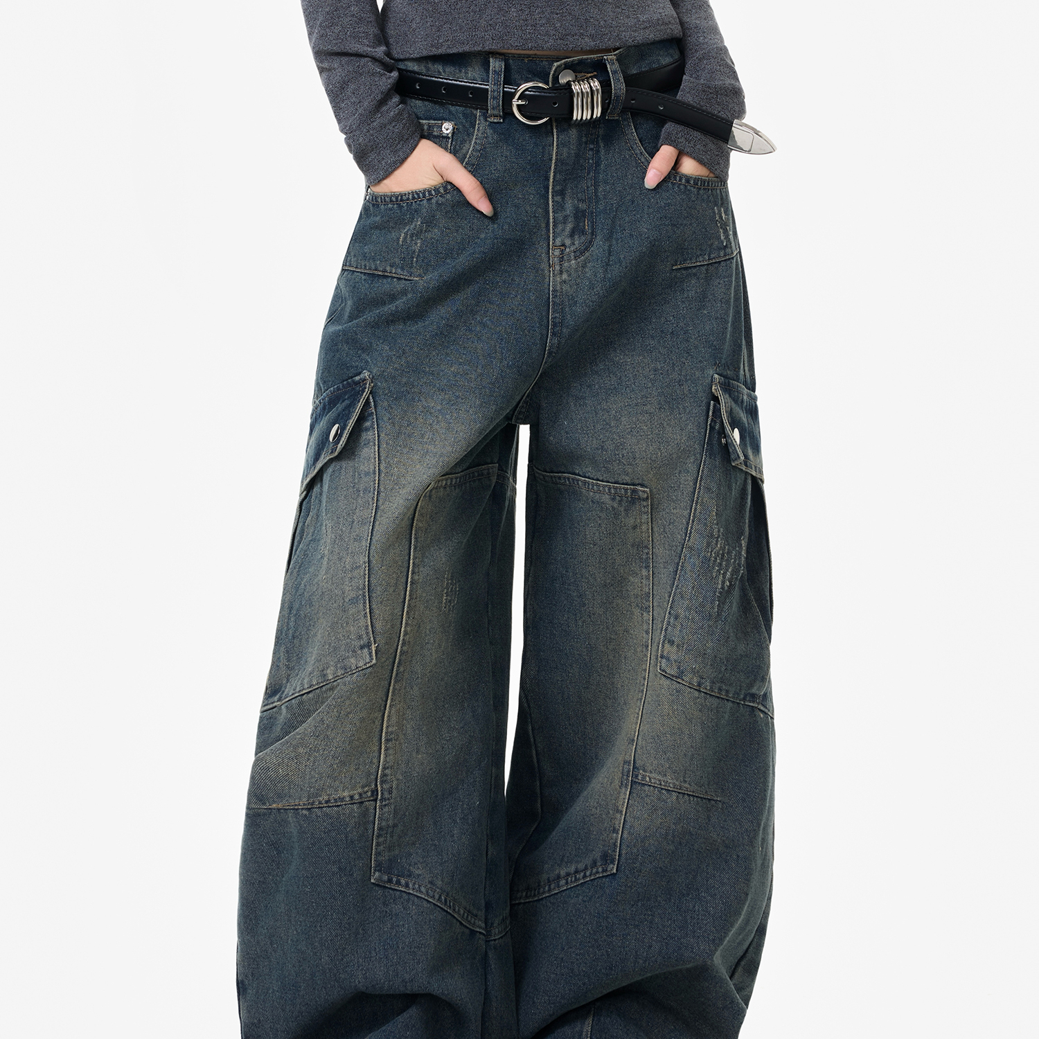 水洗解構拼接重磅牛仔褲女美式潮牌工裝直筒闊腿長褲子