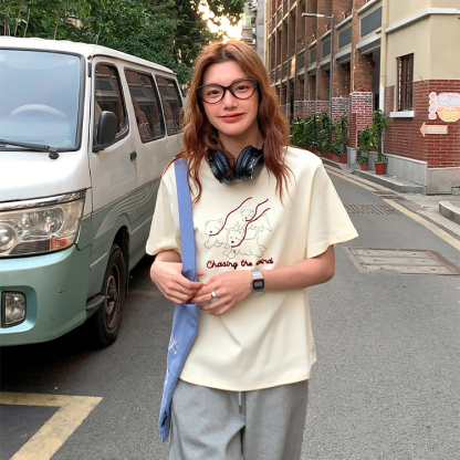 立體刺繡t恤短袖女新款休閒慵懶風小個子韓系圓領上衣