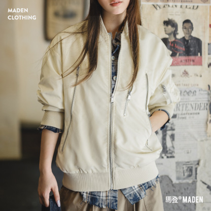 美式復古白色寬鬆棒球服立領飛行員工裝夾克休閒外套上衣女秋