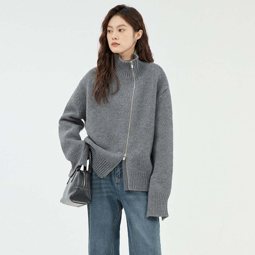 高級感通勤慵懶加厚針織毛衣開衫女高領灰色寬鬆套頭上衣